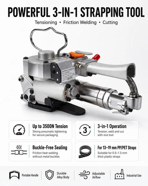 Handheld Pneumatic Baler Strapping Tool With 3500 N Automatic Tensioning Welding And Cutting Function, showing details and features of the tool.