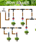 Diagram of garden setup using 90 Pieces One Quarter Inch Barbed Drip Irrigation End Plugs with connectors and spray nozzles.