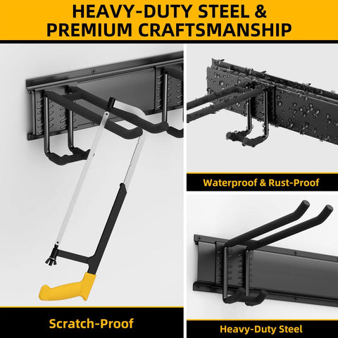 Beefed Up Garage Tool Organizer With Six Double Layer Hooks And Extended 49.5 Inch Wall Mounts Made From Powder Coated Steel, showing heavy-duty hooks.