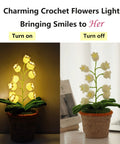 Crochet Lily of the Valley Lamp, Handmade Cordless Night Light with Touch Control, illuminated and unlit crochet flowers in rattan pot