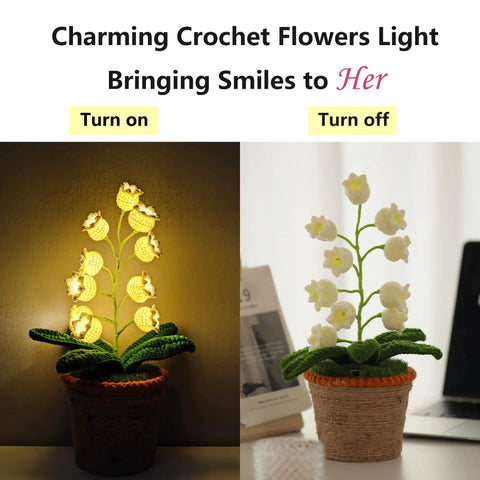 Crochet Lily of the Valley Lamp, Handmade Cordless Night Light with Touch Control, illuminated and unlit crochet flowers in rattan pot