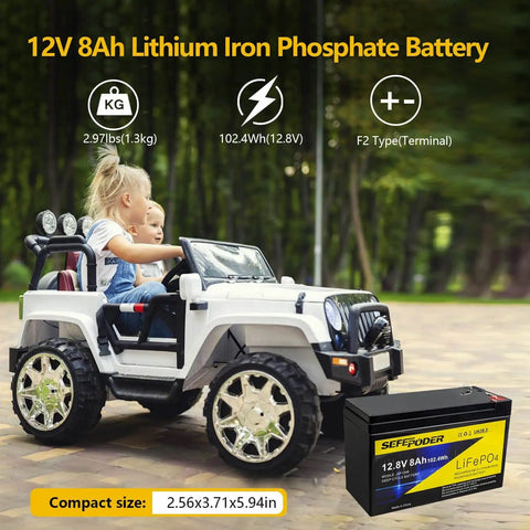 Children driving toy car with 12V 8Ah LiFePO4 Deep Cycle Battery With Built In 8A, Long Life Over 2000 Cycles, Lightweight
