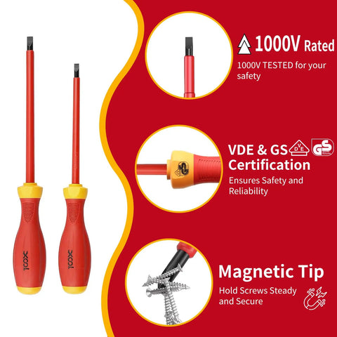 Pro Grade 1000V Insulated Electrician Screwdriver Set 8 Piece With Magnetic Tips, slotted tip, VDE GS certified, non-slip handle
