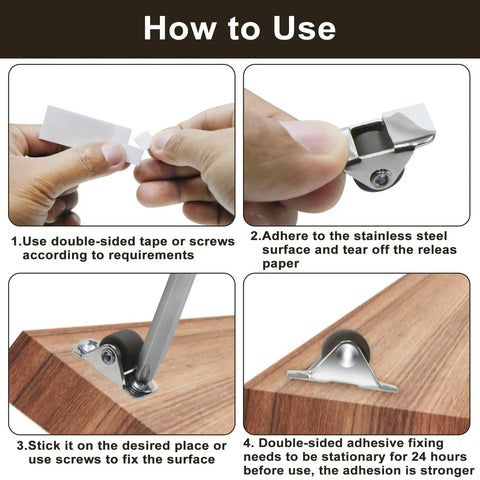 Instructions for installing Mini Caster Wheels Set With 16 Screws And Double Sided Adhesive Pads Half Inch Quiet Rolling Non Swivel Casters