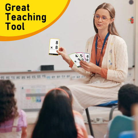 Teacher using Multiplication Mastery Flash Cards 0-12 Set With 91 Cards And Rings, Times Tables Practice tool in class.