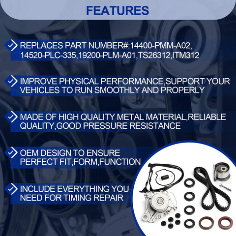 Features of Honda Civic Timing Belt Kit With Water Pump And Gaskets Including Valve Cover Gasket For 2001 To 2005 1.7L VTEC D17A 16V Full Timing System Replacement displayed.