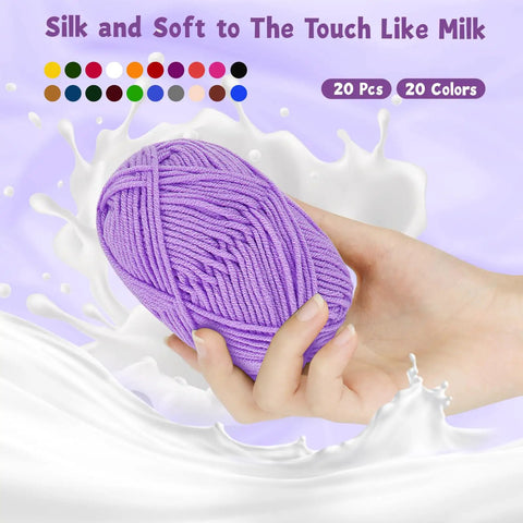 Hand holding purple skein from Ultimate Beginner Crochet Kit For Adults With 9 Soft-Handle Hooks, 20 Skeins Yarn, Handy Crochet Bag