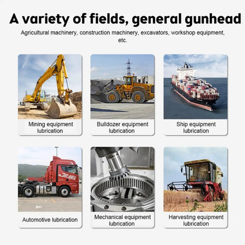 Image of various machinery illustrating different lubrication applications, including mining, bulldozer, ship, and mechanical equipment.