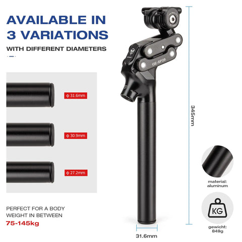 Suspension Seatpost For Mountain Gravel And Hybrid Bikes With Shock Absorber Aluminum Alloy Four Link Design, 27.2-31.6mm, side view