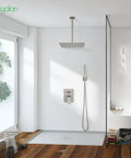 Ceiling Mount Shower Faucet Set With 12 Inch Square Fixed Shower Head And 2 In 1 Handheld Sprayer Brushed Nickel Finish SUS304