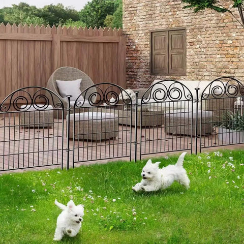 Tall Garden Dog Fence With Gate 36 Inches High 30.6 Feet Long 14 Panels Black Heavy Duty Metal Temporary Fence in garden setting