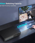 Unmanaged 16 Port 2.5G Ethernet Switch Plug And Play Base T No Fuss Setup 120Gbps Switching Capacity next to computer monitor