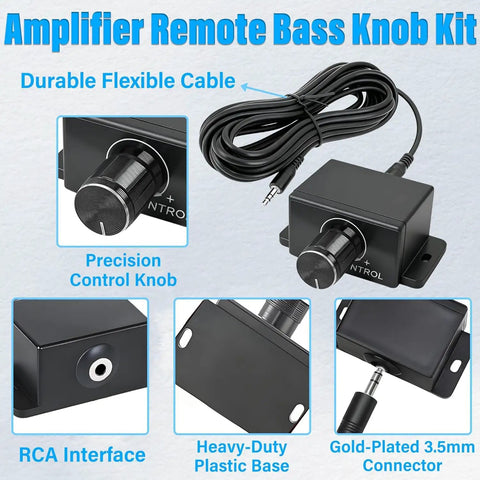 Universal 3.5mm Remote Bass Control Knob For Car Amplifier With 16 Ft Cable And Mounting Screws Plug And Play Upgrade showing flexible cable and heavy-duty plastic base.