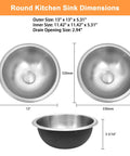 Round kitchen sink dimensions with outer size 13x13x5.31 inches, inner size 11.42x11.42x5.31 inches, drain opening 2.94 inches.