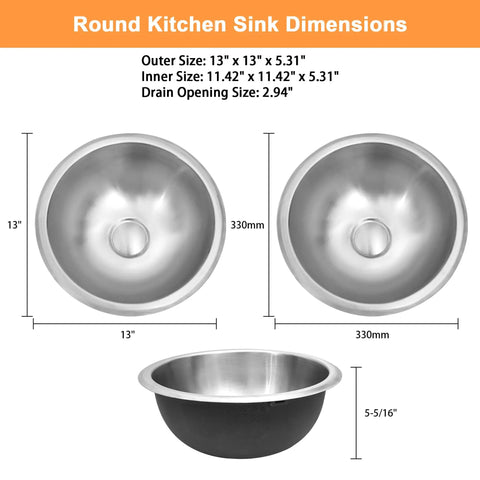 Round kitchen sink dimensions with outer size 13x13x5.31 inches, inner size 11.42x11.42x5.31 inches, drain opening 2.94 inches.