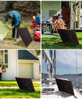 Solar Panel Tilt Mount Stand For Foldable Panels in use with RVs, tents, balconies, and a boat, showcasing portable sun tracking.
