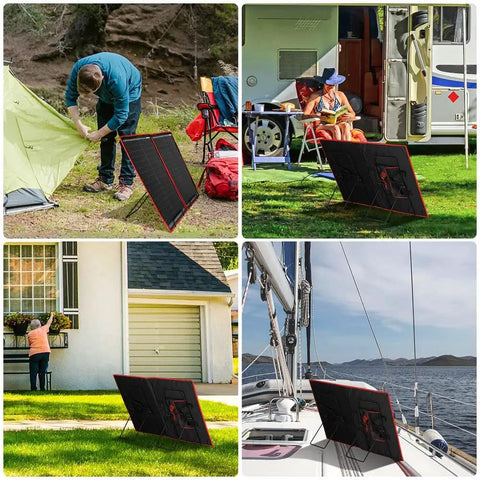 Solar Panel Tilt Mount Stand For Foldable Panels in use with RVs, tents, balconies, and a boat, showcasing portable sun tracking.