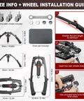 3 In 1 Hydraulic Twist Arm Trainer With Ab Roller And Hooks Perfect Home Gym Gear, size guide and wheel installation instructions shown.