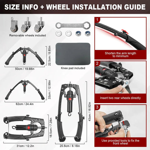 3 In 1 Hydraulic Twist Arm Trainer With Ab Roller And Hooks Perfect Home Gym Gear, size guide and wheel installation instructions shown.