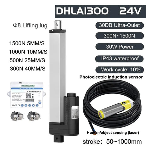 Heavy Duty Electric Linear Actuator DC Motor With Photoelectric Sensor IPS S2 Drive, showing actuator, controller, and sensor.