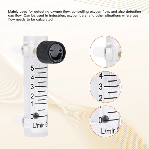Oxygen Flow Meter 0 To 5 LPM Acrylic Flowmeter For Oxygen And Air Gas with 8 mm Hose Barbs, detailed view of acrylic body and gauge
