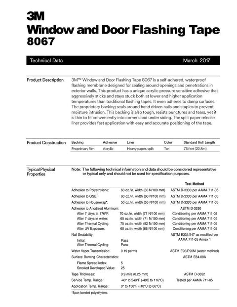 Product technical data sheet for All Weather Flashing Tape 6 Inch By 75 Foot Roll With Adhesive Backed Split Liner Waterproof Seal