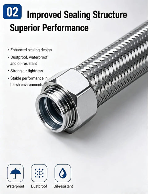 Built Tough Stainless Steel Flexible Conduit For Electrical Wiring And Hassle Free Cable Routing Featuring Heat Resistant Braided Armor showcasing improved sealing design.