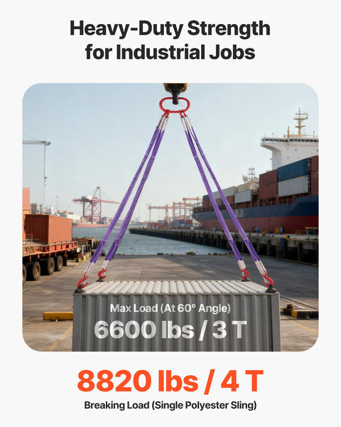 Four Leg Lifting Slings With Hooks 6600 Lb Capacity Heavy Duty Polyester Bridle Sling Five Foot Rigging Strap lifting a container