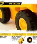 PUQU monster truck design kids travel suitcase, yellow plastic, wheel close-up