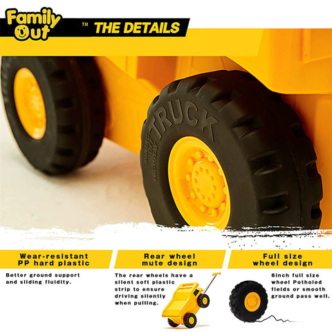 PUQU monster truck design kids travel suitcase, yellow plastic, wheel close-up