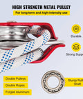 Twin Sheave Block And Tackle Kit With Half Inch Rope, durable forged aluminum double pulleys and bearings for lifting.
