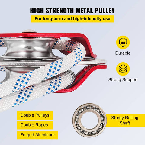 Twin Sheave Block And Tackle Kit With Half Inch Rope, durable forged aluminum double pulleys and bearings for lifting.
