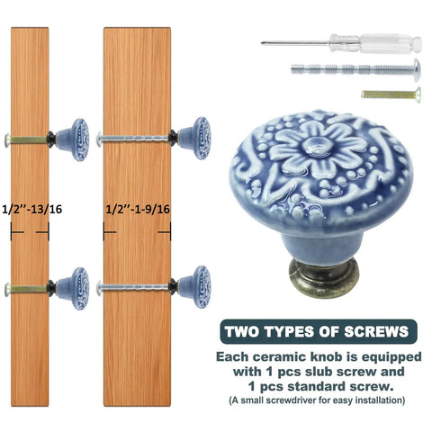 Light Blue Ceramic Kitchen Cabinet Knobs Set Of 12, 34mm Diameter Round Pull Handles, 1.3 Inches Wide And 1.2 Inches High, Includes Screws And Mini Screwdriver For Easy Installation, Classic Vintage Look For Cabinets And Drawers.