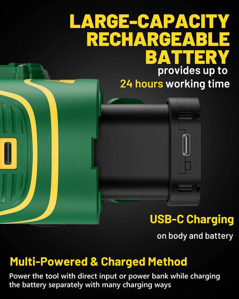 Dual 360 Degree Green Laser Level with 147 Ft Range showing USB-C charging port and large-capacity battery