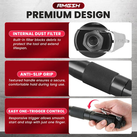 Compact Air Needle Scaler For Rust Removal With 12 Hardened Needles And 4000 BPM Power, featuring internal dust filter, anti-slip grip, and easy trigger control