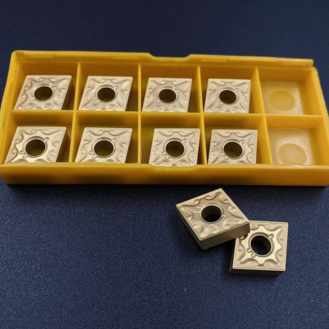 20 Pack CNMG431 Carbide Turning Inserts For Lathe Machining Steel And Stainless Steel With PVD Coating in yellow packaging.