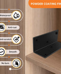Eight Pack Tough As Nails L Brackets 2X2X4 Inch Heavy Duty Steel Corner Connectors With Ready To Use Screws For Bulletproof Furniture Shelves Cabinets And Pro Level DIY Builds Black on wooden shelf with features highlighted.