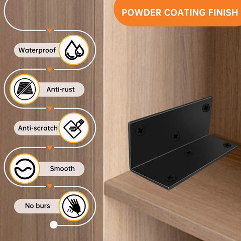 Eight Pack Tough As Nails L Brackets 2X2X4 Inch Heavy Duty Steel Corner Connectors With Ready To Use Screws For Bulletproof Furniture Shelves Cabinets And Pro Level DIY Builds Black on wooden shelf with features highlighted.