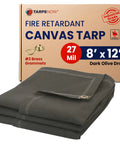 8x12 Ft Fire Retardant Canvas Tarp 27 Mil Heavy Duty With Brass Grommets Olive Drab 16oz Industrial Grade folded in front of packaging