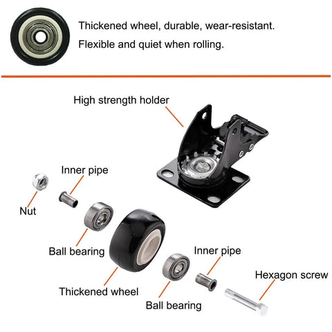 Built Tough 2 Inch Caster Wheels Set Of 4 Locking Swivel Casters With Brake Double Ball Bearing with parts and components