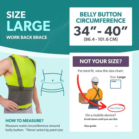 Size large work back support belt for pain relief and heavy lifting safety with removable shoulder straps for men and women.
