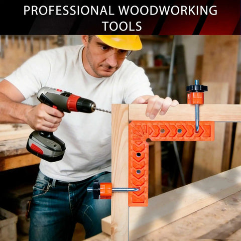 Woodworker using 90 Degree Corner Clamps For Woodworking, Trigger Clamp Set For Carpentry Projects on a wooden frame.