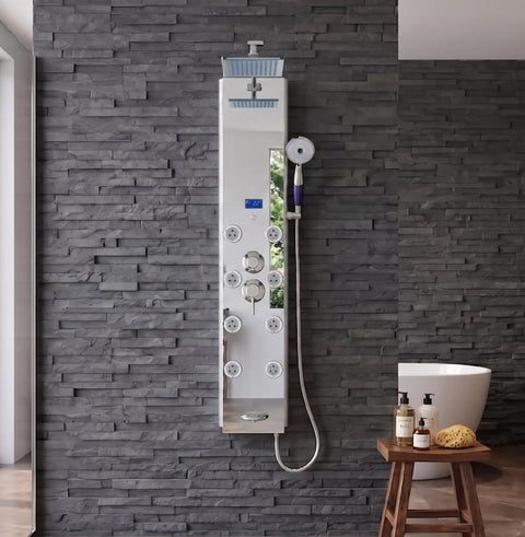 52 Inch Wall Mounted Aluminum Shower Panel Tower With Giant Rainfall Showerhead And Eight Adjustable Massage Jets For A Total Home Spa Vibe And Butter Smooth Flow