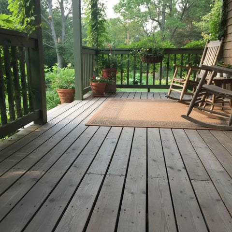 Ranchworn Aging Wood Stain Quick Turnaround Formula Dries In Half Hour applied to a wooden deck with potted plants and chairs.