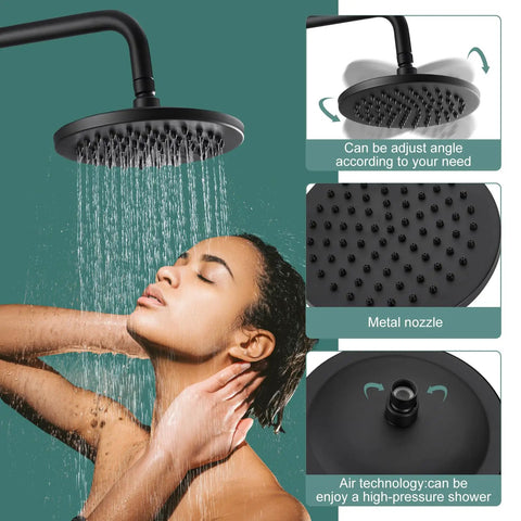 Matte Black Exposed Pipe Shower System With 8 Inch Rain Shower Head And Brass Fixture Dual Function Shower Faucet in use