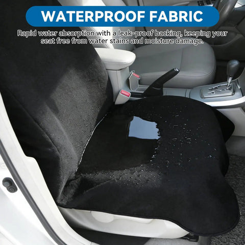 Waterproof Towel Car Seat Cover Sweat-Wicking Front Seat Protector showing non-slip black cover on a car seat with water droplets.