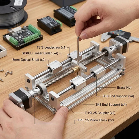 Assembling 8x8 Lead Screw Shaft Kit With 304 Stainless Steel Guide Rods And SC8UU Bearing Blocks For 3D Printers And CNC Machines