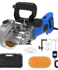 Heavy Duty Handheld Wall Chaser And Deep Slotting Rig For Brick Concrete Masonry Cuts showing toolset with blades and case.