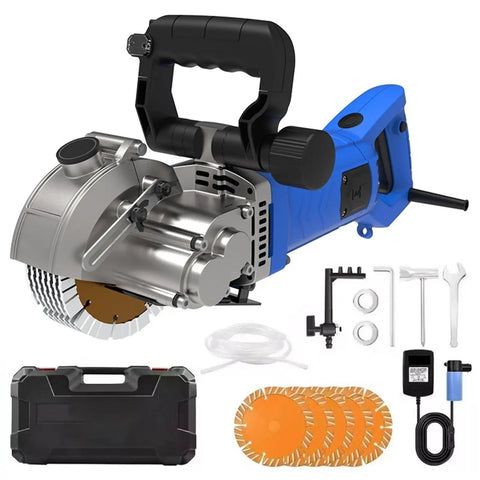 Heavy Duty Handheld Wall Chaser And Deep Slotting Rig For Brick Concrete Masonry Cuts showing toolset with blades and case.