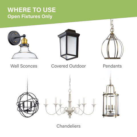 Illustration of lighting fixtures: wall sconces, covered outdoor, pendants, chandeliers, compatible with Smooth Dimming E12 LED